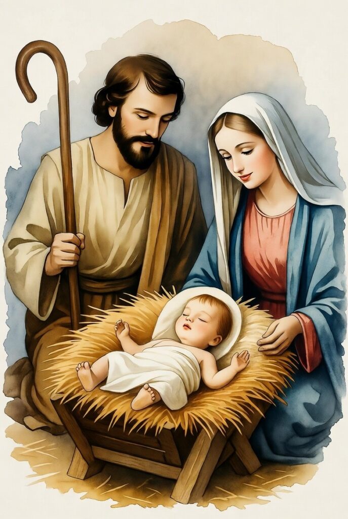 Nativity illustration with Mary and Joseph seated beside baby Jesus in a manger under the Star of Bethlehem.