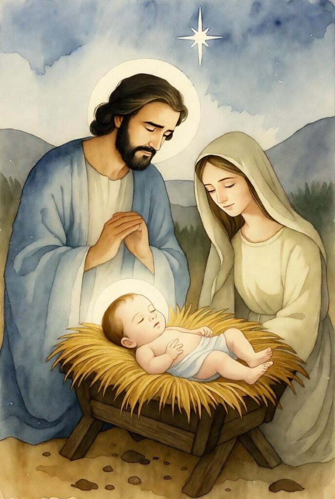 Nativity scene with baby Jesus glowing with light as Mary and Joseph pray beside Him in a dark setting.