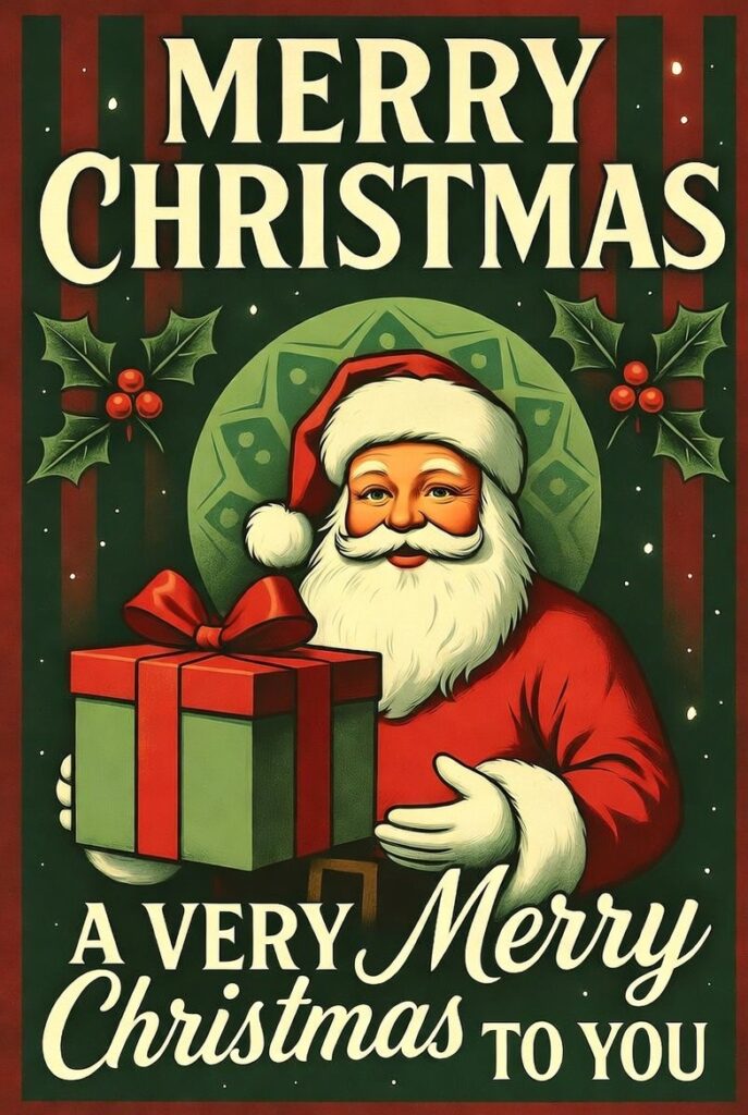 Vintage Christmas poster of Santa Claus holding gifts with text wishing Merry Christmas.
