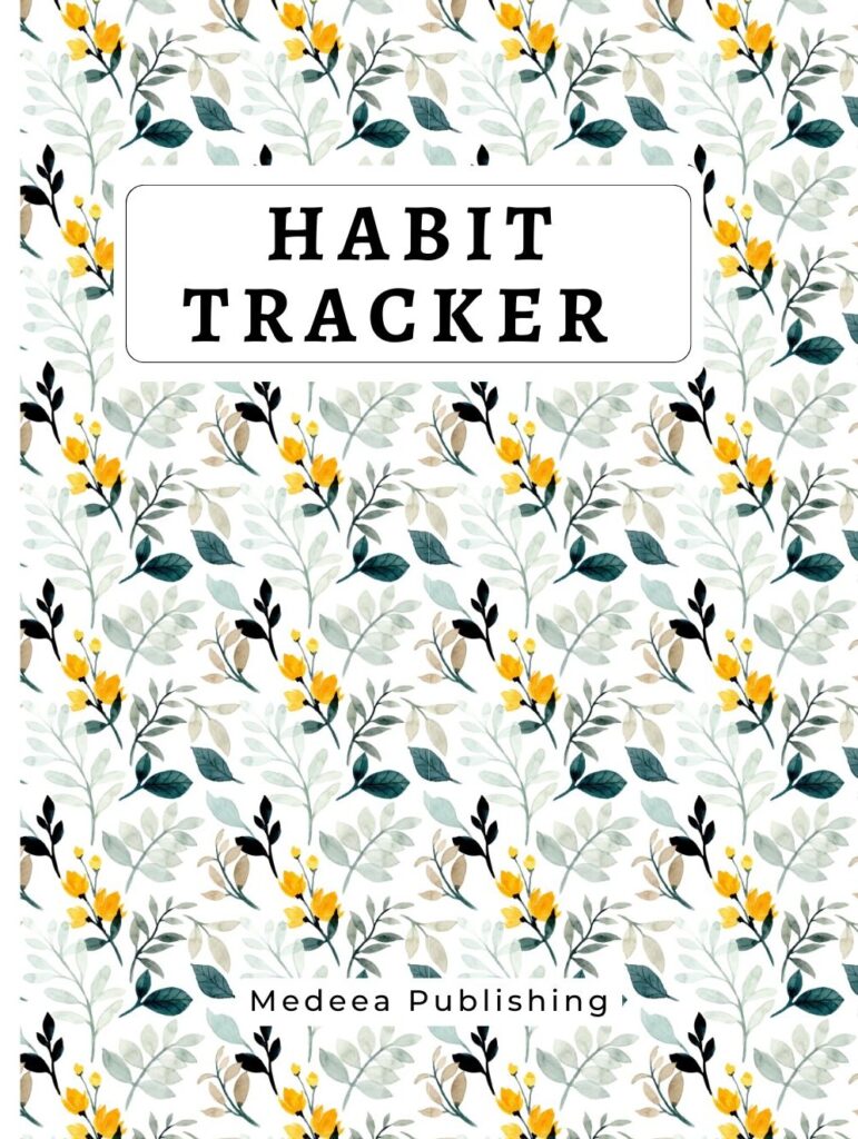 Hardcover habit tracker journal with botanical floral cover and minimalist title design