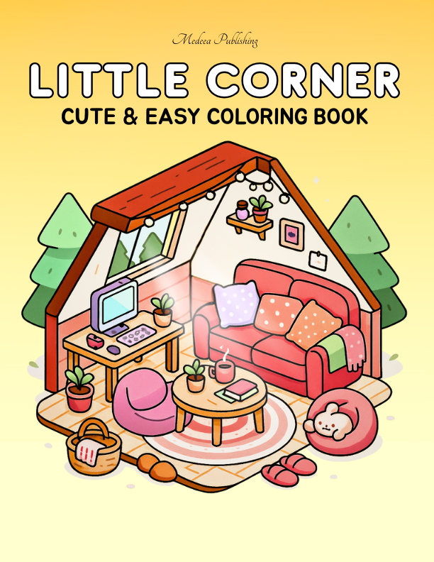 Little Corner Cute & Easy Coloring Book cover with cozy room, couch, desk, plants, and warm lighting.