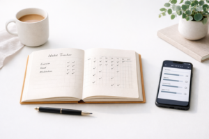 7 Reasons Why Habit Tracker Beats Digital Apps 6 7 Reasons Why Habit Tracker Beats Digital Apps – open paper habit tracker with colorful checkmarks on a white desk, coffee cup, flowers, pen, and smartphone habit app for comparison