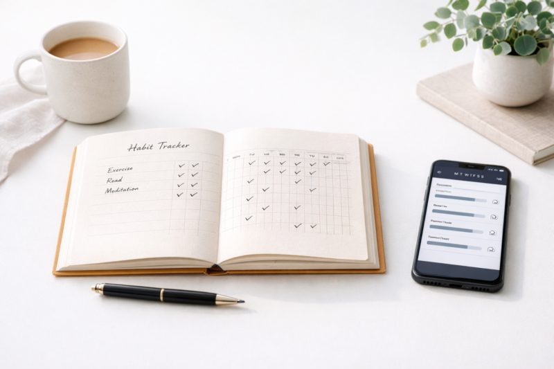 7 Reasons Why Habit Tracker Beats Digital Apps – open paper habit tracker with colorful checkmarks on a white desk, coffee cup, flowers, pen, and smartphone habit app for comparison