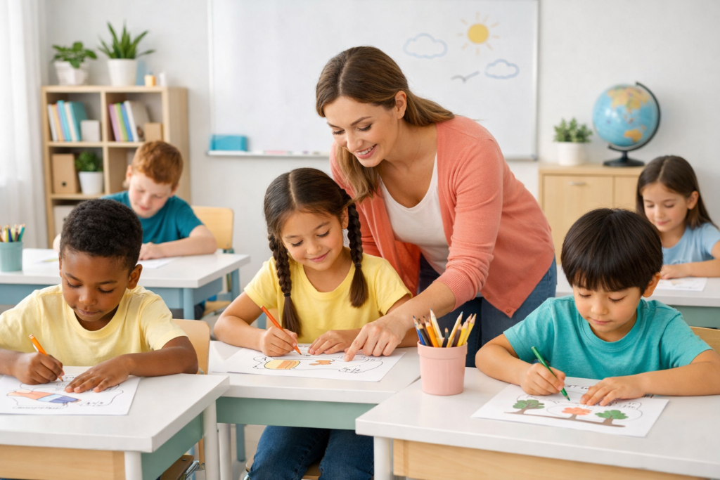 Coloring Builds Mindfulness: 7 Powerful Ways Schools Can Use Coloring 1 Children coloring in a bright classroom as a teacher guides them, illustrating how Coloring Builds Mindfulness in schools.