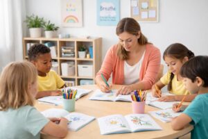 A diverse group of students sharing a mindful coloring session, reinforcing how Coloring Builds Mindfulness.