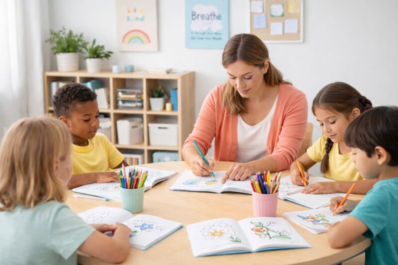 A diverse group of students sharing a mindful coloring session, reinforcing how Coloring Builds Mindfulness.