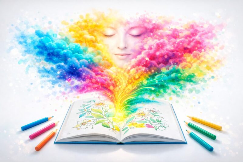 Colorful abstract ribbons floating upward from an open coloring page, symbolizing Coloring for Mindfulness Benefits