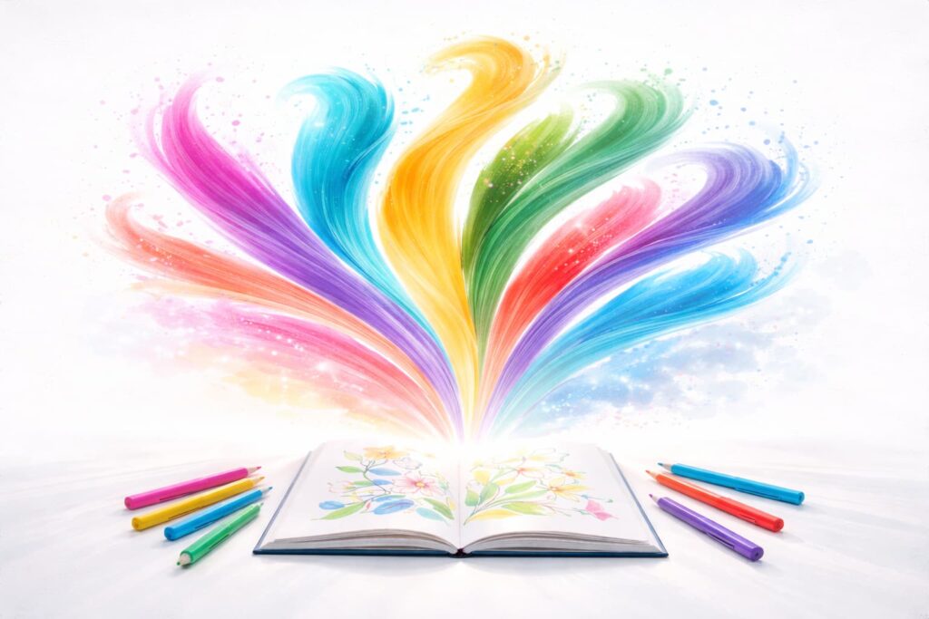An open coloring book with vibrant floral artwork releasing colorful energy waves, symbolizing creativity, calm, and Coloring for Mindfulness Benefits