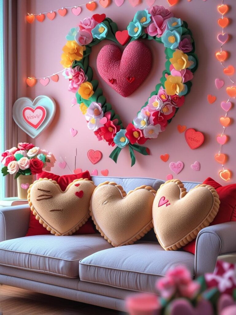 Cozy Valentine’s Day living room with a heart-shaped floral wreath on a pink wall, heart garlands, and heart-shaped pillows on a sofa