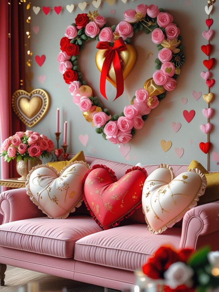 Elegant Valentine’s Day living room with a heart-shaped floral wreath, gold heart accents, and heart-shaped pillows on a pink sofa