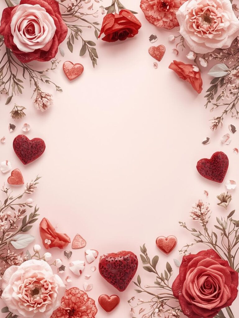A top-down view of a light pink background framed by red and pink roses, dried botanicals, and small red hearts.