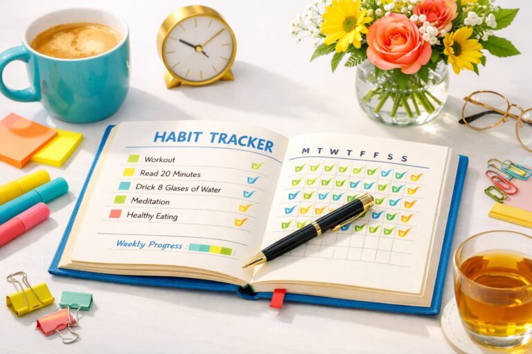 A Habit Tracker Journal in use, showing daily habits, weekly progress, and a calm, organized planning routine.