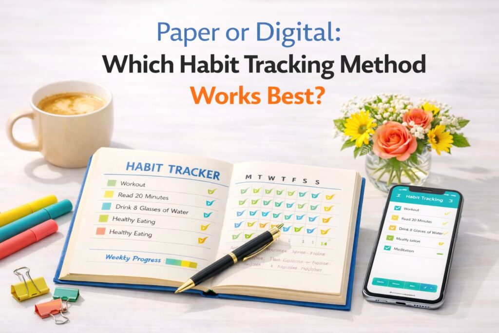 Habit Tracker Journal comparison showing an open paper habit tracker with checkmarks next to a smartphone habit tracking app on a bright desk