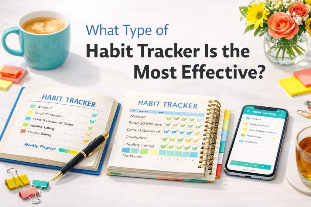 Habit Tracker Journal comparison showing paper habit trackers and a digital habit tracking app on a smartphone arranged on a bright desk