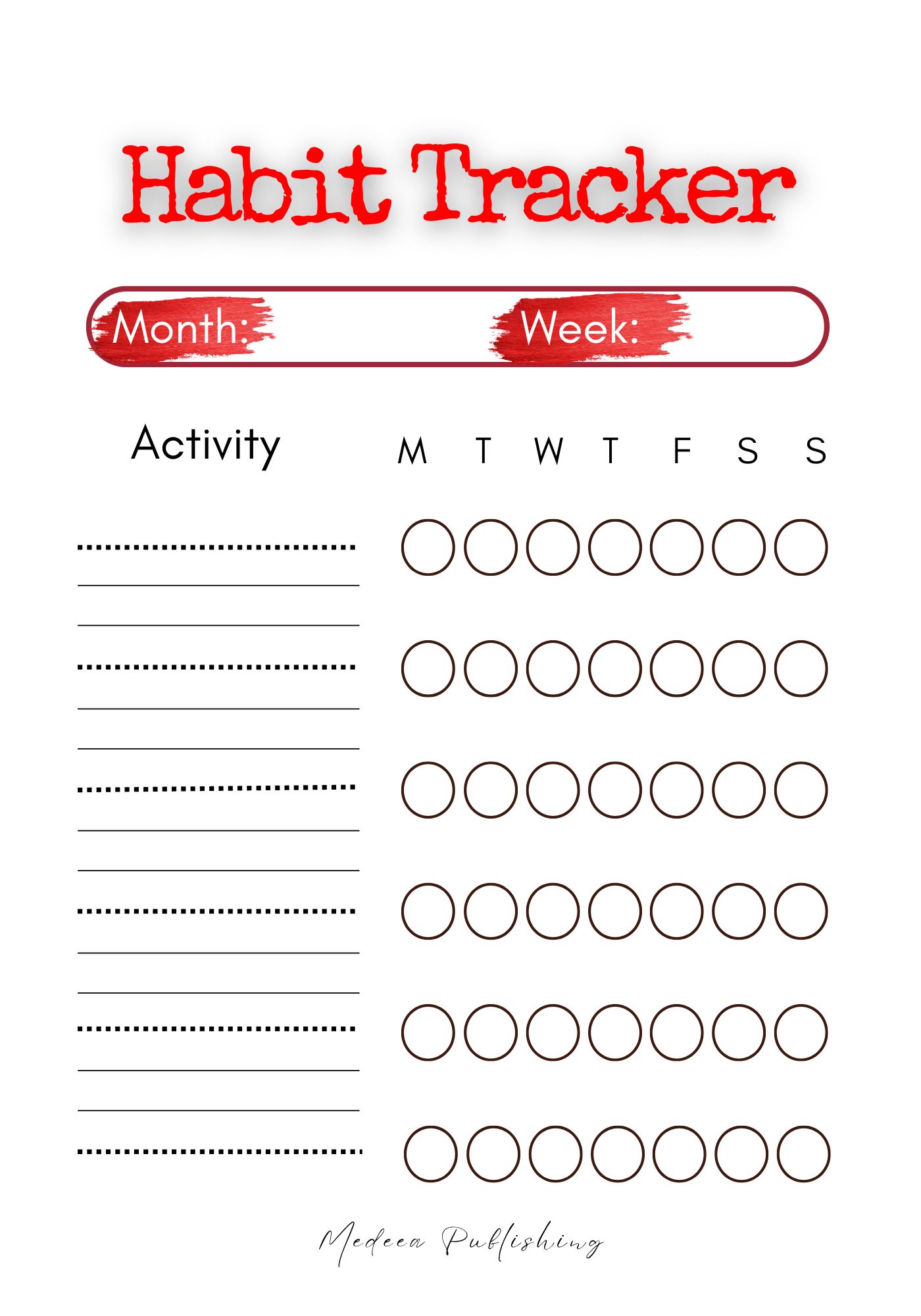 A minimalist weekly page from a spiral-bound habit tracker featuring a red header, spaces for month and week, and a grid to track 6 different activities across 7 days.