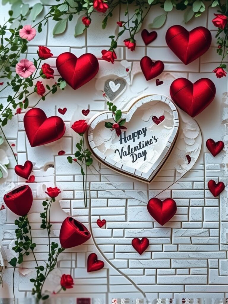 Valentine’s Day wall decoration with red hearts, roses, greenery, and a heart-shaped sign reading “Happy Valentine’s Day” on a white brick background