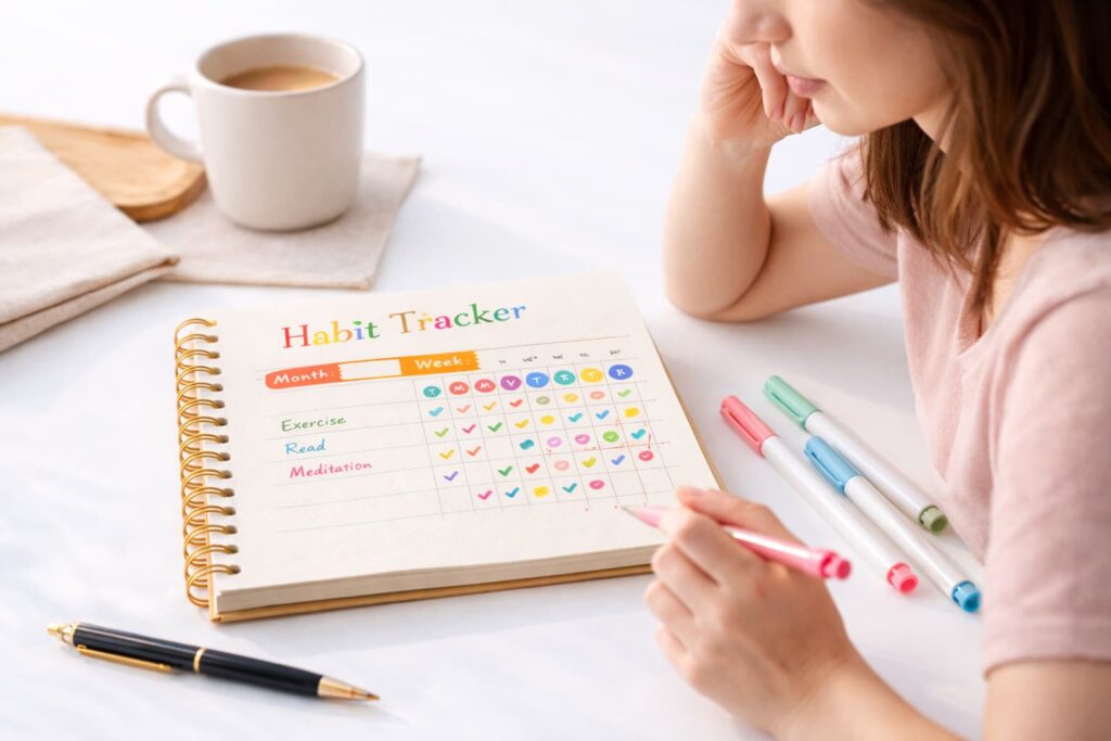 How Can You Use Habit Tracker? – person marking a spiral-bound habit tracker with colorful checkmarks at a white desk with pens and coffee