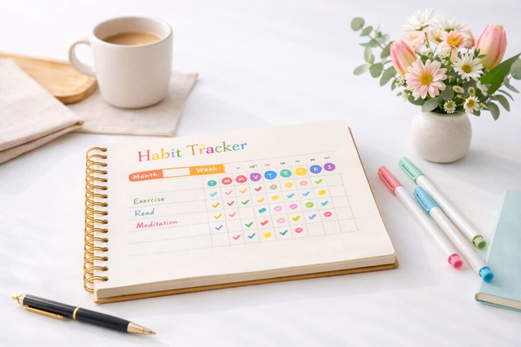 How Does a Spiral-Bound Habit Tracker Work? How Can You Use It? – spiral-bound habit tracker open on a white desk with colorful checkmarks, pens, coffee cup, and flowers