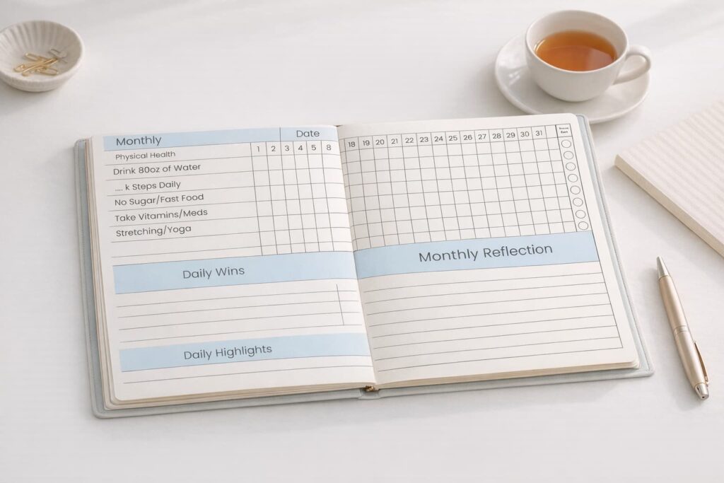 The Science of Consistency: Why the Complete Habit Tracker Journal is Your Key to Lasting Change 2 An interior page of a Complete Habit Tracker Journal featuring a "Happy Valentine's Day" message, romantic vignettes of couples, holding hands, roses, and a mug of cocoa on a pink heart-filled background.