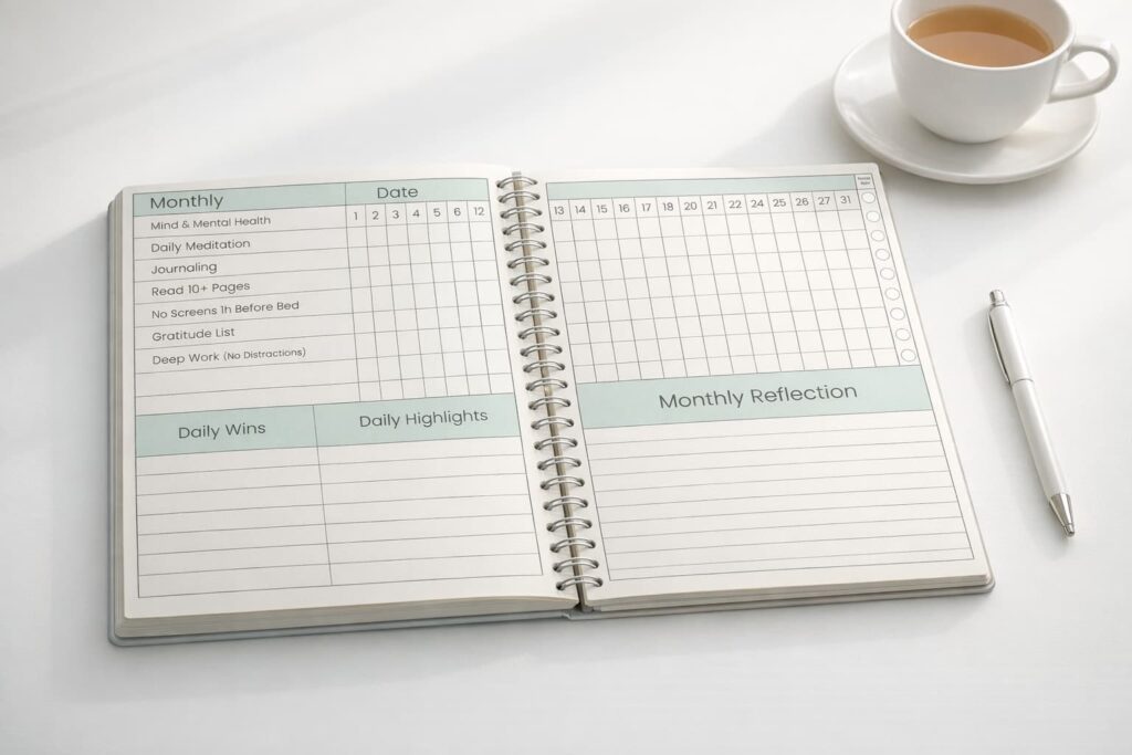 The Science of Consistency: Why the Complete Habit Tracker Journal is Your Key to Lasting Change 1 An illustrated interior page from a Complete Habit Tracker Journal featuring romantic scenes of couples, holding hands, and symbols like roses and cocoa on a heart-patterned pink background.