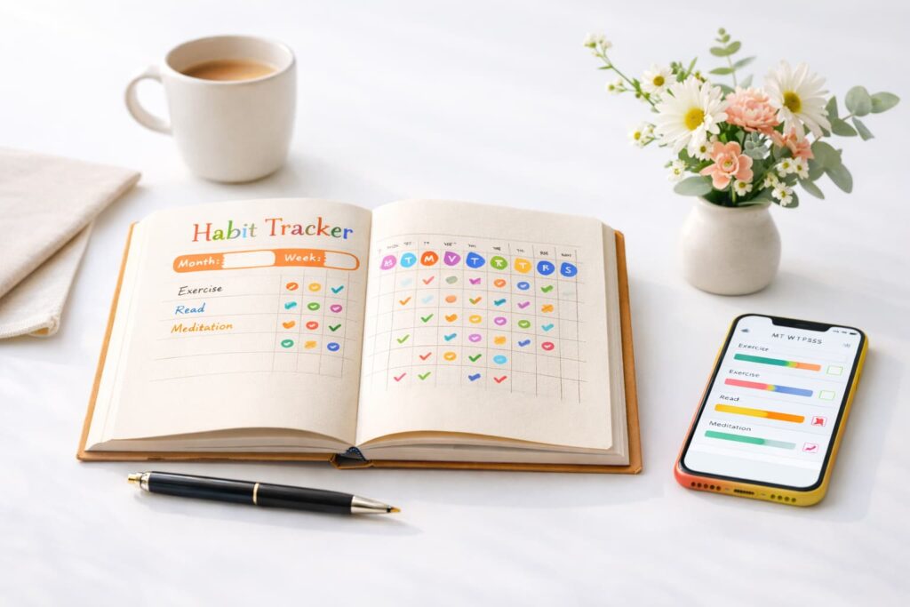 Paper Habit Tracker Still vs Digital Habit Tracker – open paper habit tracker with handwritten checkmarks on a wooden desk, pen, coffee cup, plant, and smartphone habit app nearby