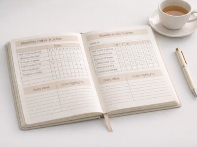 An illustrated interior page for a Complete Habit Tracker Journal featuring couples, interlocking hands, roses, and a mug of cocoa on a pink heart-filled background.