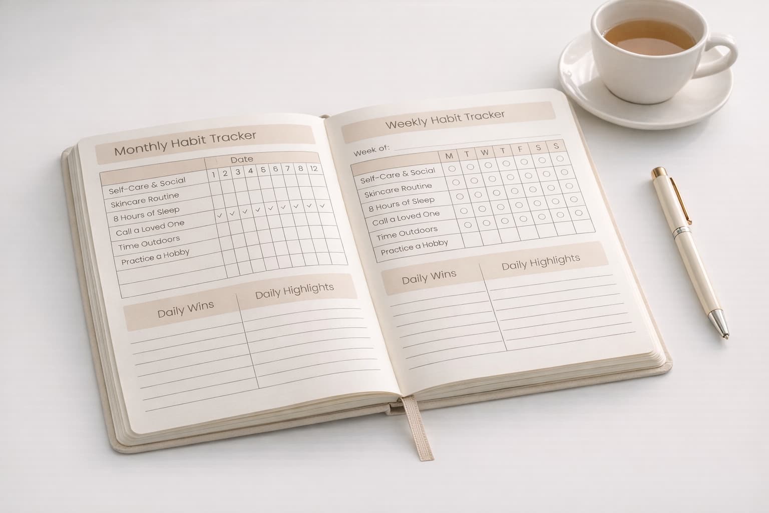 An illustrated interior page for a Complete Habit Tracker Journal featuring couples, interlocking hands, roses, and a mug of cocoa on a pink heart-filled background.