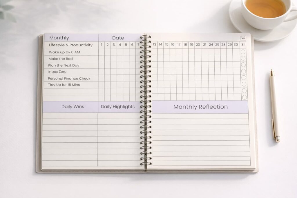 The Science of Consistency: Why the Complete Habit Tracker Journal is Your Key to Lasting Change 3 An illustrated interior page from a Complete Habit Tracker Journal showing diverse romantic scenes, a central hand-holding image, roses, and a gift box on a pink heart-patterned background.