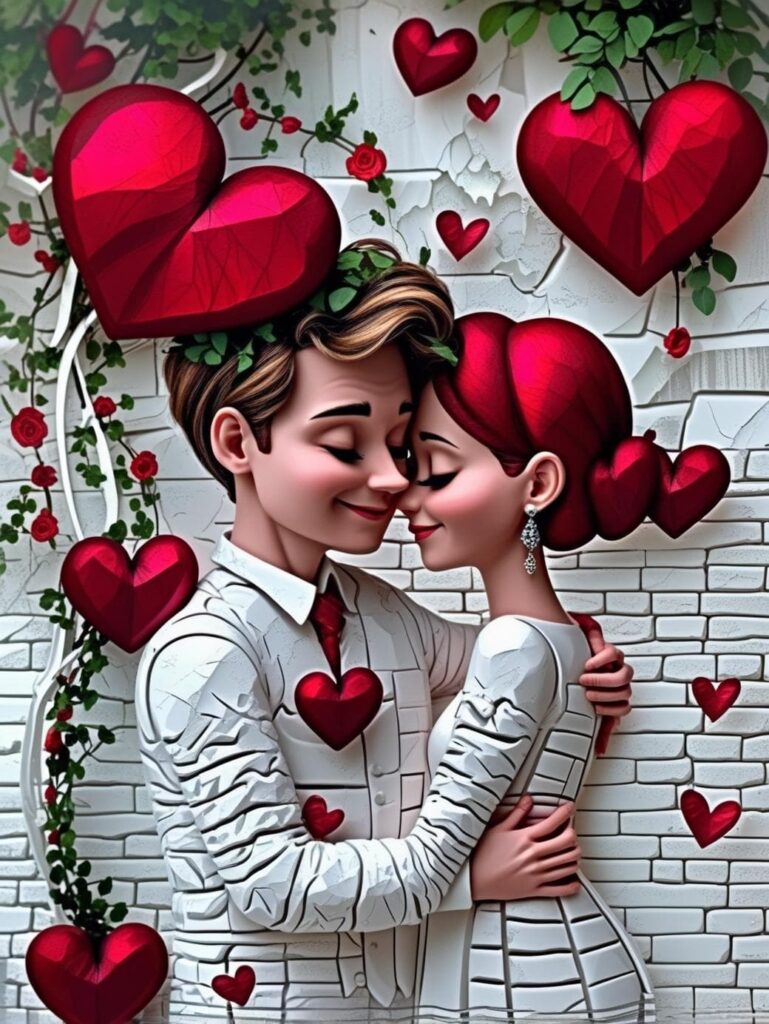 Romantic illustration of a couple embracing under red heart decorations against a white brick wall
