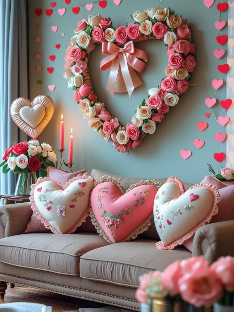 Romantic Valentine’s Day living room decorated with a heart-shaped floral wreath, pink heart pillows on a sofa, candles, and hanging heart garlands