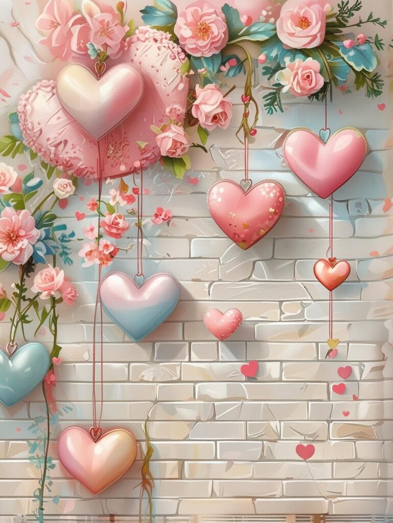 Romantic Valentine’s Day illustration with hanging heart ornaments in soft pink and pastel blue, surrounded by flowers on a light brick background