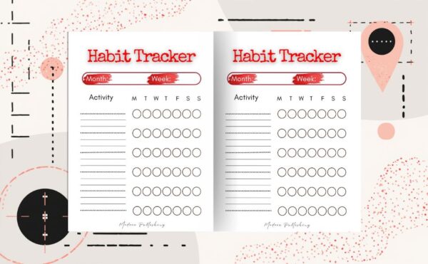 Spiral-Bound Habit Tracker open interior showing daily habit tracking pages with structured checklists and clean layout.