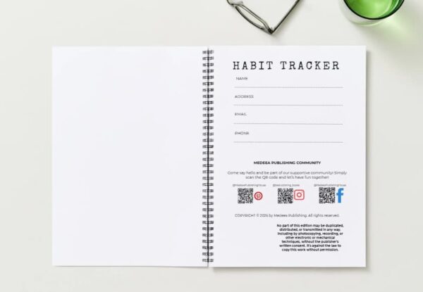 Spiral-Bound Habit Tracker weekly overview pages showing habit progress tracking and reflection sections.