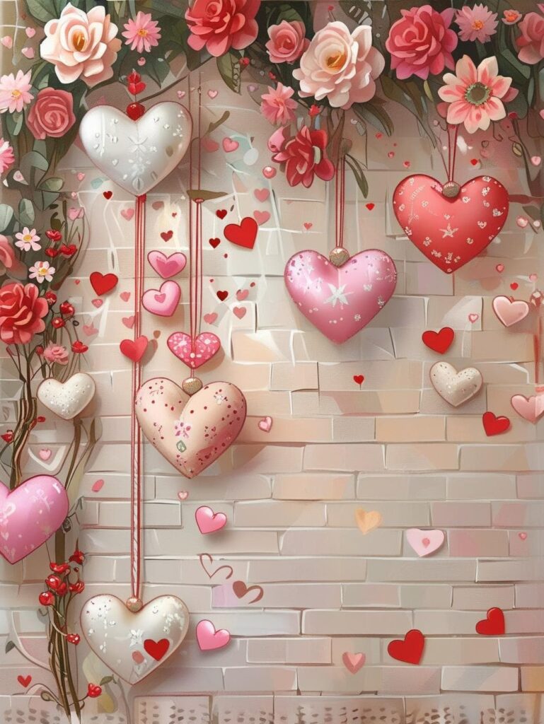 Valentine’s Day decorative wall with hanging heart ornaments, pink and red flowers, and scattered heart accents on a light brick background