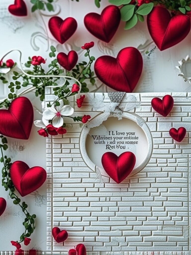 Valentine’s Day decorative frame with red heart ornaments, flowers, greenery, and a circular message space on a white brick background