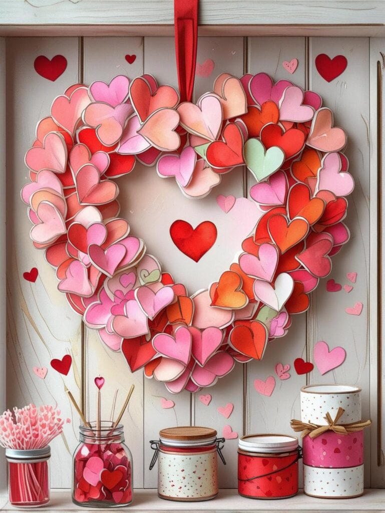Heart-shaped Valentine’s Day wreath made of red, pink, and white paper flowers hanging on a wooden wall with jars of heart decorations below