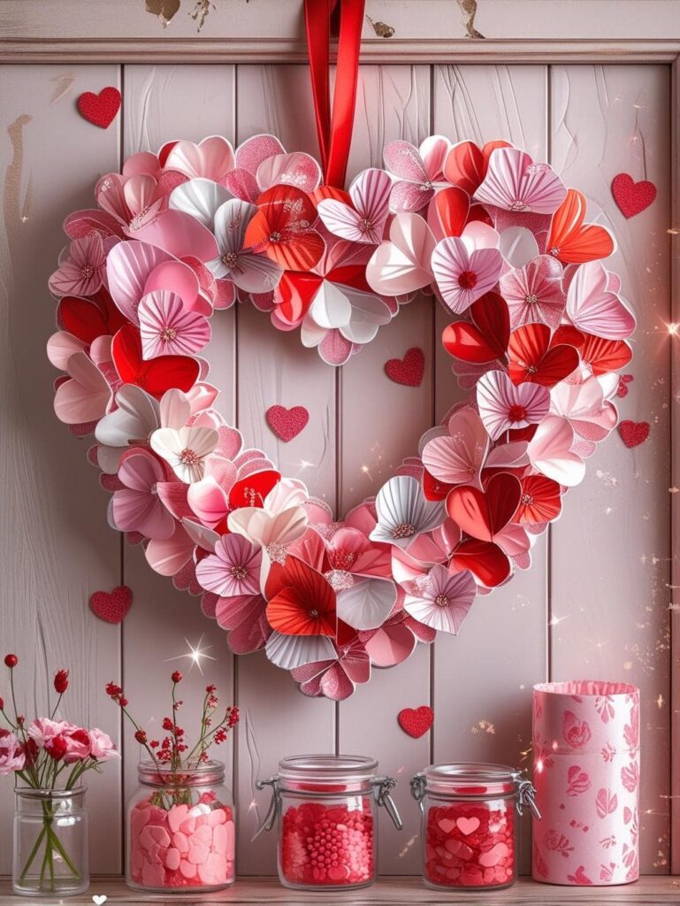 Heart-shaped Valentine’s Day wreath made of layered paper hearts in red, pink, and coral tones hanging on a wooden wall with decorative jars and heart accents below