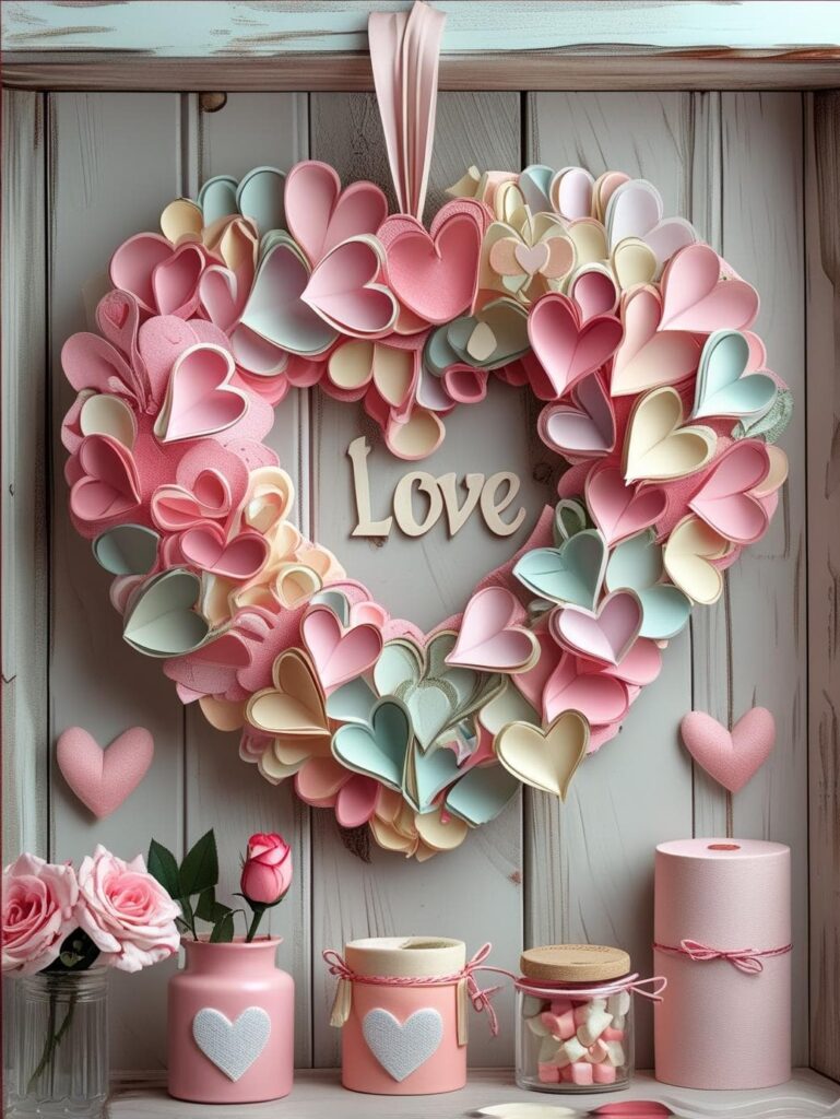 Heart-shaped Valentine’s Day wreath made of layered paper hearts in red, pink, white, and pastel tones hanging on a wooden wall with decorative jars below