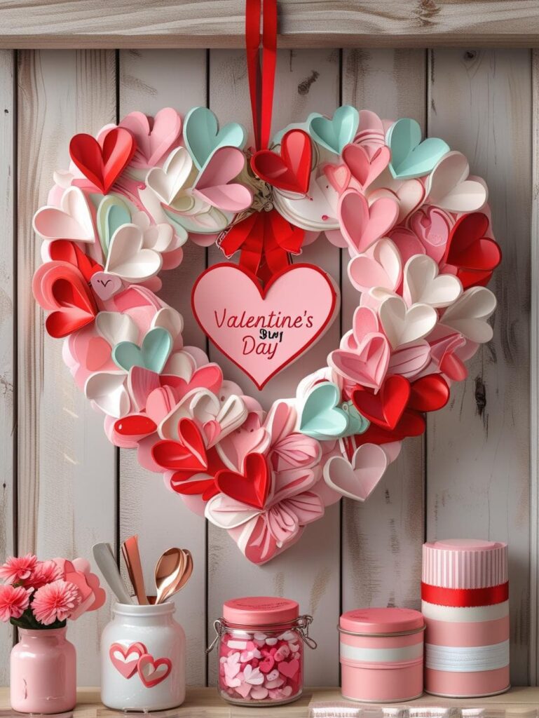 Heart-shaped Valentine’s Day wreath made of layered paper hearts in soft pink, cream, and pastel tones hanging on a wooden wall with decorative jars and flowers below