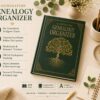 6-Generation Genealogy Organizer open book showing detailed family history tracking pages, pedigree charts, and research worksheets