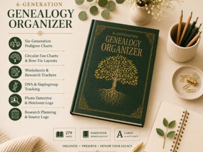 6-Generation Genealogy Organizer open book showing detailed family history tracking pages, pedigree charts, and research worksheets