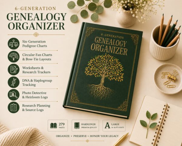 6-Generation Genealogy Organizer open book showing detailed family history tracking pages, pedigree charts, and research worksheets