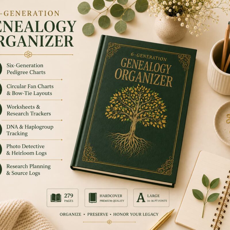 6-Generation Genealogy Organizer open book showing detailed family history tracking pages, pedigree charts, and research worksheets