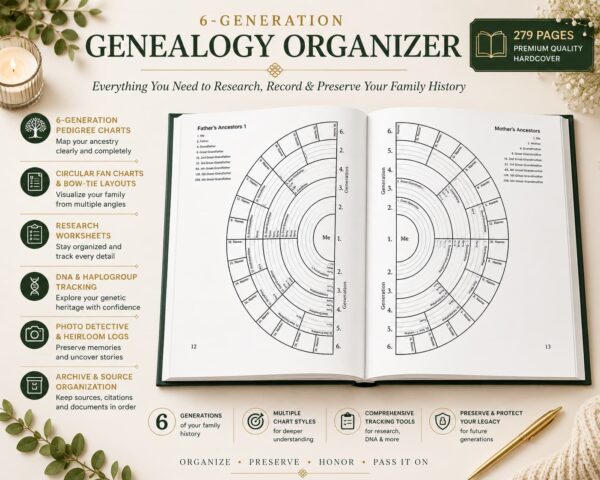 6-Generation Genealogy Organizer open book with detailed ancestry charts and family history tracking pages
