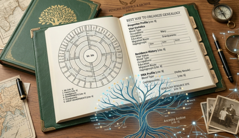 An open 6-Generation Genealogy Organizer displaying the best way to organize genealogy through structured ancestor profiles and a 6-generation fan chart.