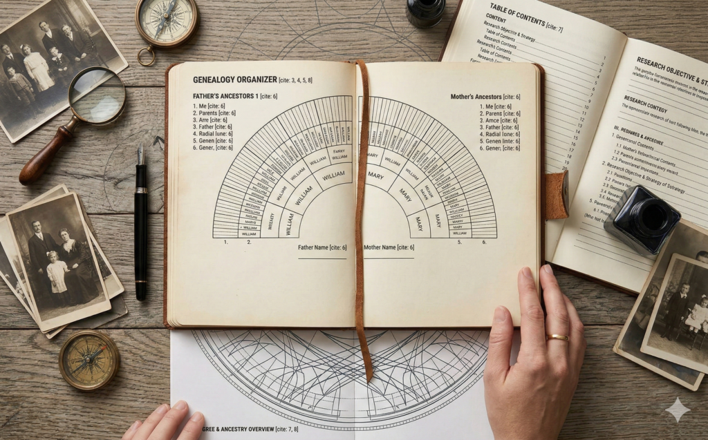 An open 6-Generation Genealogy Organizer showing the best way to organize genealogy through detailed circular fan charts and structured ancestor profile pages.