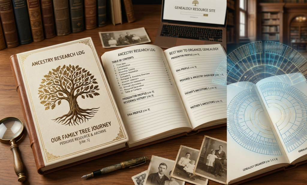 A high-resolution photo of the "Best Way to Organize Genealogy" journal, a vintage-style green book with a glowing gold tree of life on the cover and ornate borders. The book is held by hands over a cozy grey knit blanket, showcasing its size, portability, and elegant, detailed cover art.
