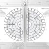 Circular Ancestry Journal Spread, 6-Generation Genealogy Organizer An open physical journal showing a detailed circular family tree diagram across two pages, titled Father’s Ancestors and Mother’s Ancestors, with a minimalist grey patterned background.