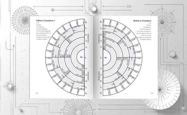 Circular Ancestry Journal Spread, 6-Generation Genealogy Organizer An open physical journal showing a detailed circular family tree diagram across two pages, titled Father’s Ancestors and Mother’s Ancestors, with a minimalist grey patterned background.
