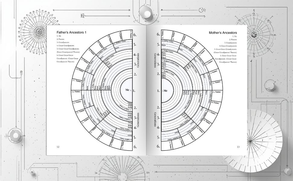6-Generation Genealogy Organizer 3 An open physical journal showing a detailed circular family tree diagram across two pages, titled Father’s Ancestors and Mother’s Ancestors, with a minimalist grey patterned background.